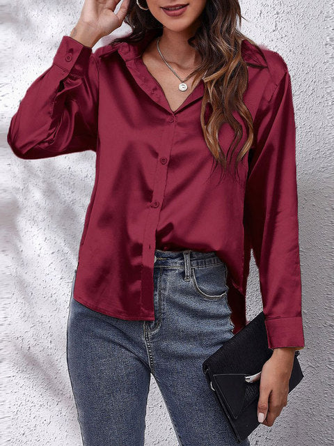 Levoire | Chemise Satin À Boutons Avec Manches Longues Pour Femmes Bordeaux