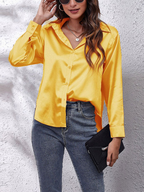 Levoire | Chemise Satin À Boutons Avec Manches Longues Pour Femmes Jaune