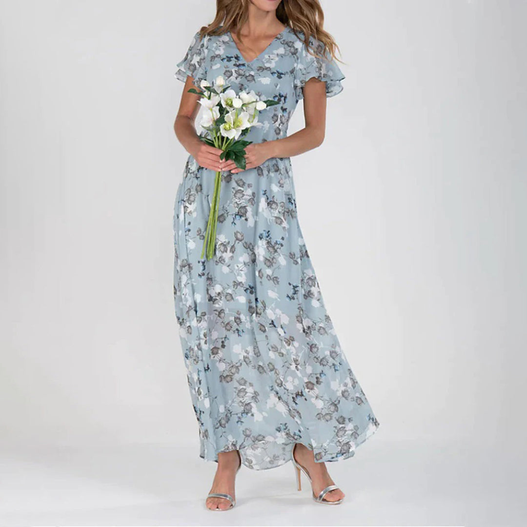 Levoire | Élégante Robe Maxi Fleurie Avec Manches Volantes Pour Femmes Bleu ciel