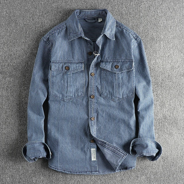 Levoire | Chemise En Denim Rayée Rétro Pour Hommes Old Blue