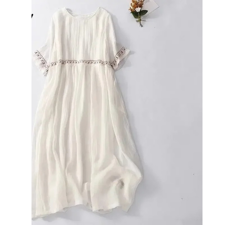 Levoire | Robe En Lin Respirant À Col O En Coton Brodé Blanc