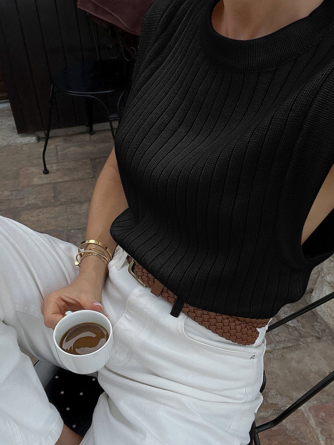 Levoire | Femmes Gilet Sans Manches En Sweat Avec Encolure Ronde Noir