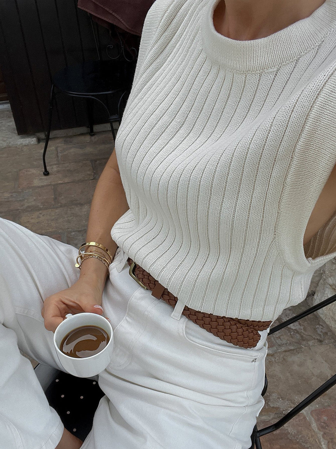 Levoire | Femmes Gilet Sans Manches En Sweat Avec Encolure Ronde Crème
