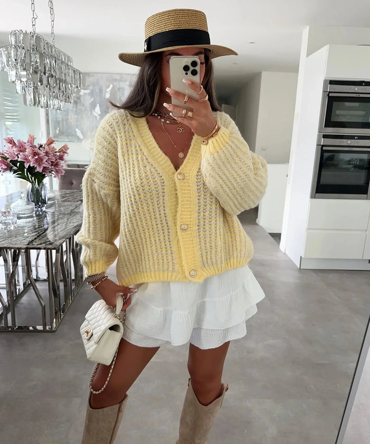Levoire | Femmes Pull Chaud Col V Sans Manches Avec Boutons Jaune Une taille