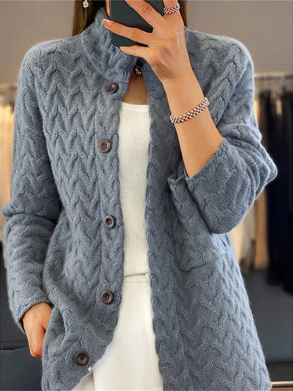 Levoire | Gilet À Col Montant Léger Avec Fermeture À Boutons Pour Femmes En Tricot Gris Bleu