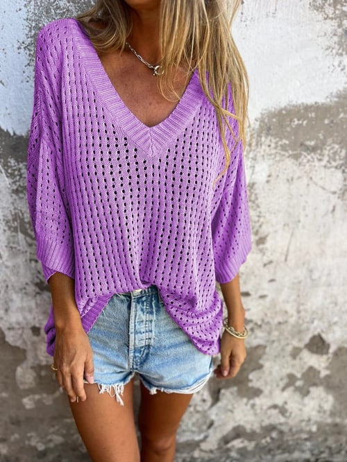Levoire | Coupe Décontractée Haut À Col En V À Manches Courtes T-Shirt Pour Femmes Lilas
