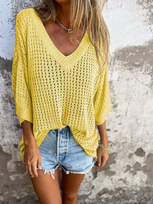 Levoire | Coupe Décontractée Haut À Col En V À Manches Courtes T-Shirt Pour Femmes Jaune clair