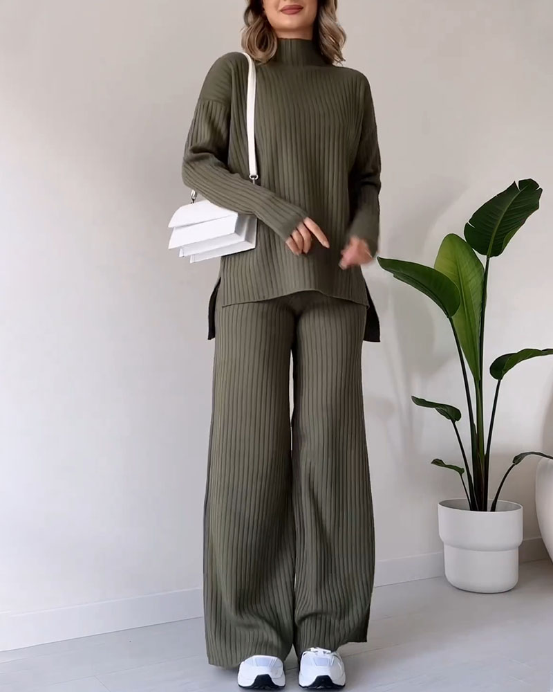 Levoire | Co Ord Pull À Col Roulé Côtelé Jambes Larges Set Deux Pièces Pour Femmes vert olive