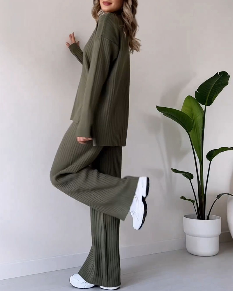 Levoire | Co Ord Pull À Col Roulé Côtelé Jambes Larges Set Deux Pièces Pour Femmes
