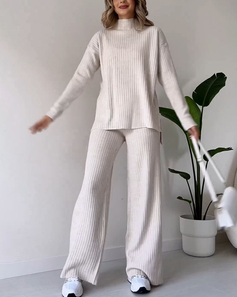 Levoire | Co Ord Pull À Col Roulé Côtelé Jambes Larges Set Deux Pièces Pour Femmes