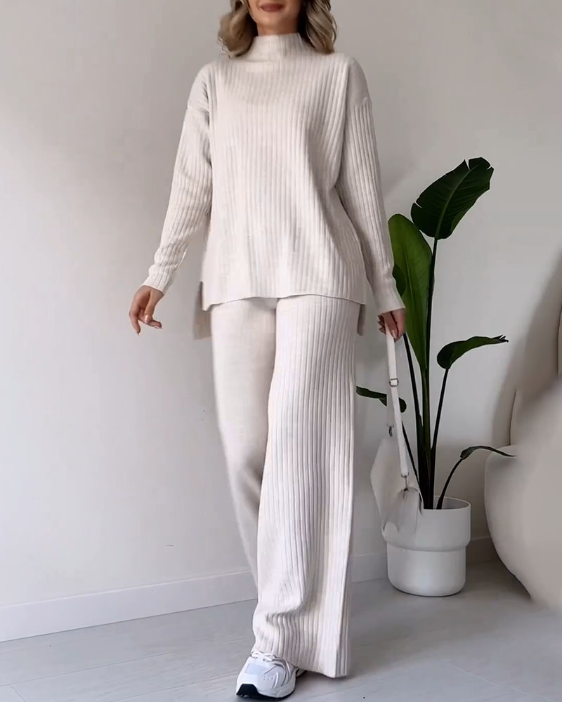 Levoire | Co Ord Pull À Col Roulé Côtelé Jambes Larges Set Deux Pièces Pour Femmes Abricot