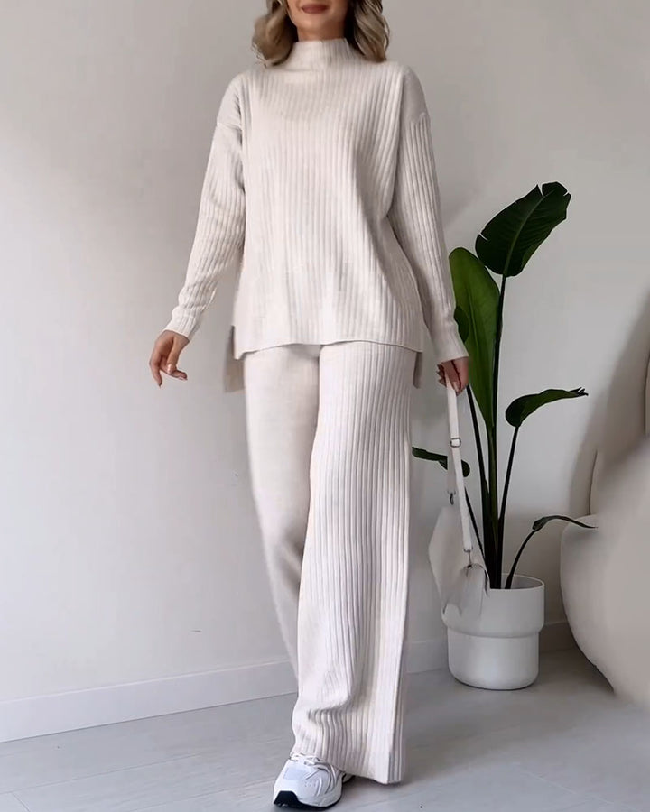 Levoire | Co Ord Pull À Col Roulé Côtelé Jambes Larges Set Deux Pièces Pour Femmes Abricot
