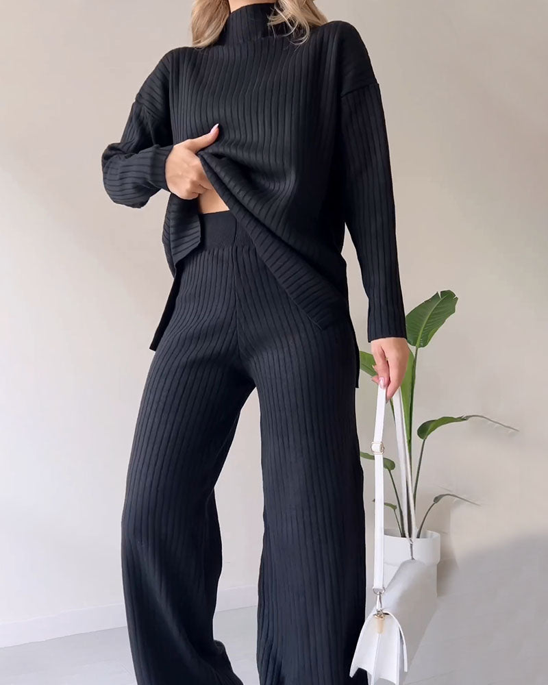 Levoire | Co Ord Pull À Col Roulé Côtelé Jambes Larges Set Deux Pièces Pour Femmes