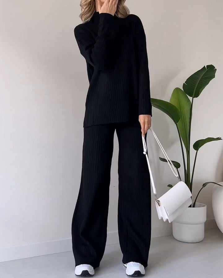 Levoire | Co Ord Pull À Col Roulé Côtelé Jambes Larges Set Deux Pièces Pour Femmes
