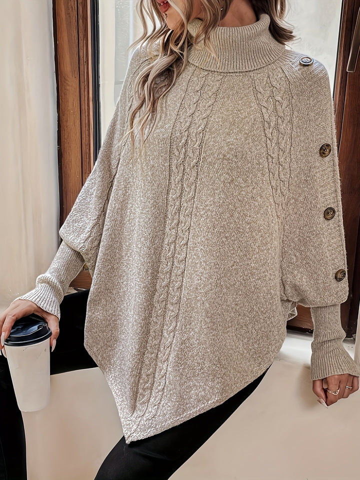 Levoire | Poncho Long Manches Col Roulé Pull Poncho Mode Femmes Khaki