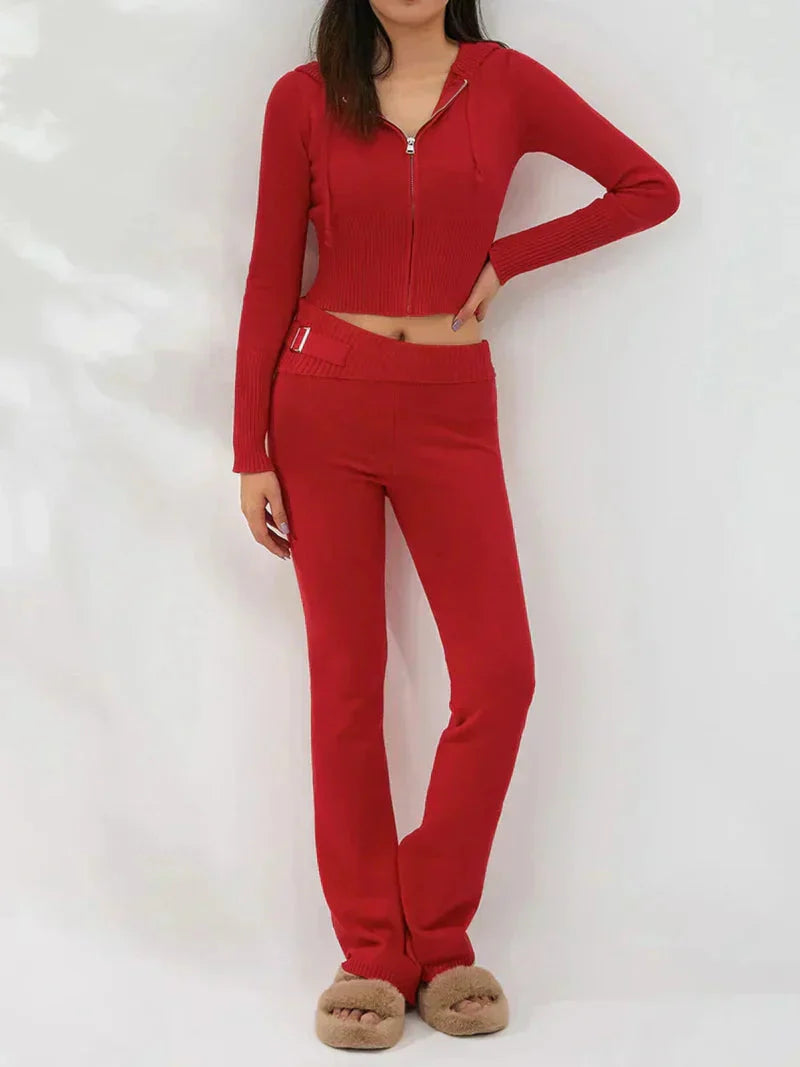 Levoire | Ensemble À Deux Pièces Capuche Zip Gilet Coordonné Femme Vêtements De Détente Rot