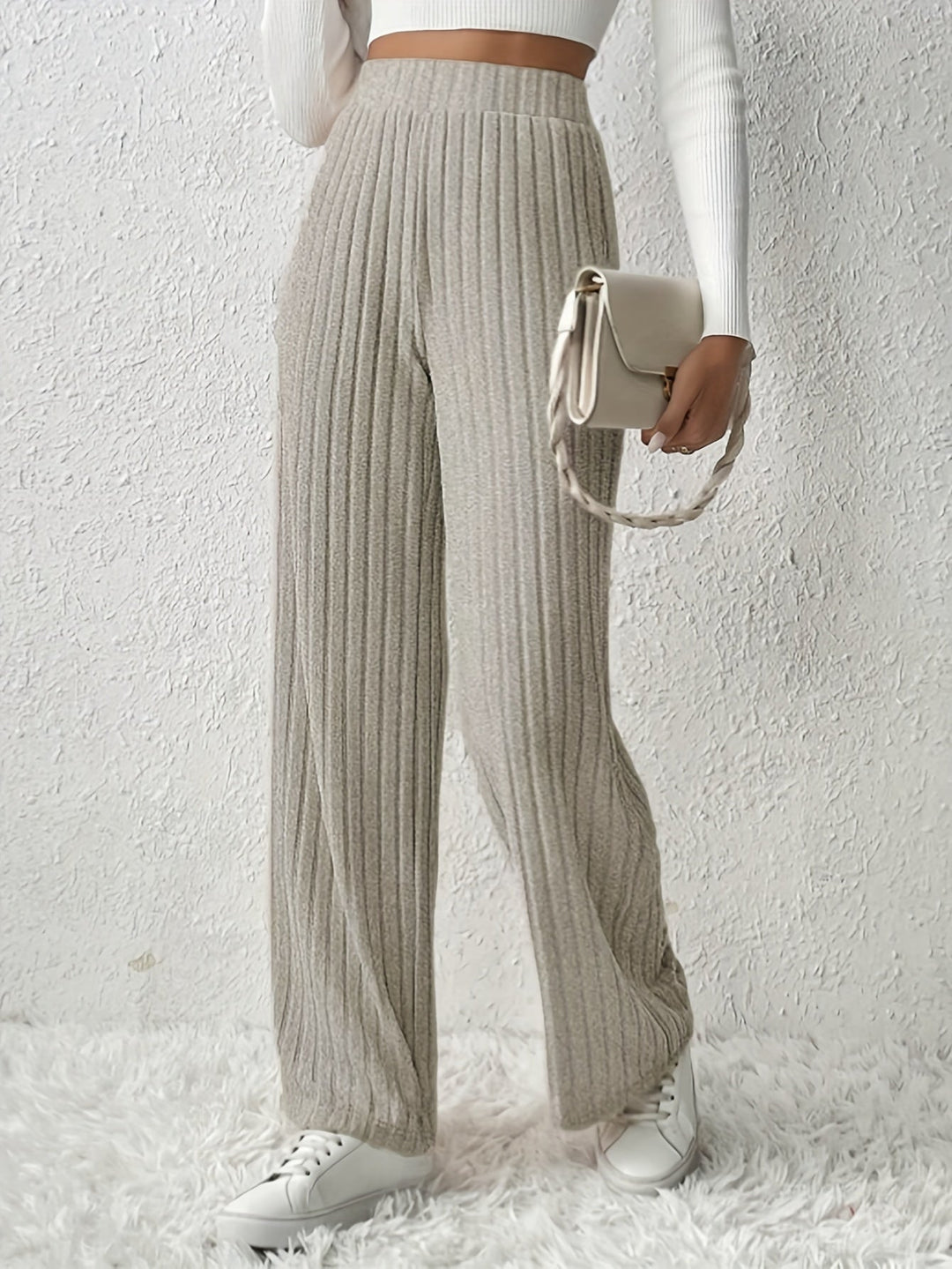 Levoire | Pantalon Rippé Taille Haute Pantalon À Jambe Large Femme Gris