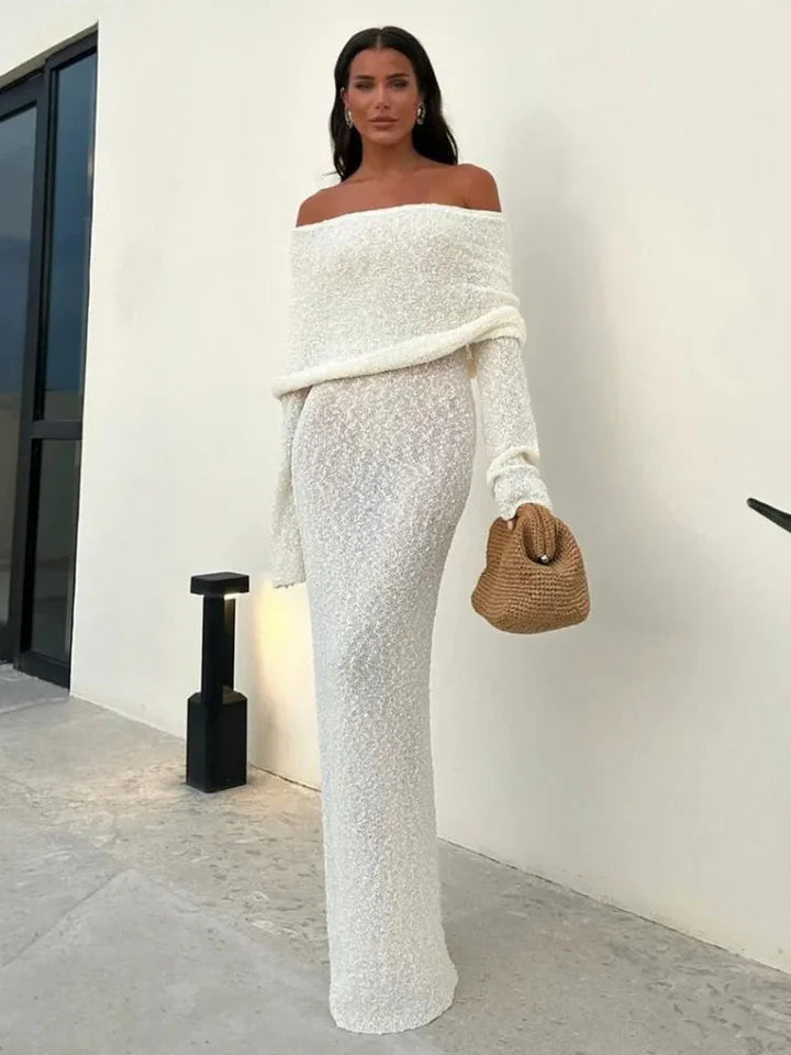 Levoire | Robe Maxi Été Bodycon Off Shoulders À Manches Longues Blanc