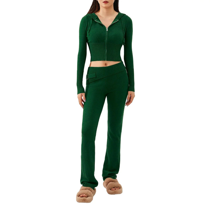 Levoire | Ensemble De Salon Capuche Fermeture Éclair Ensemble Deux Pièces Loungewear Pour Femmes Vert