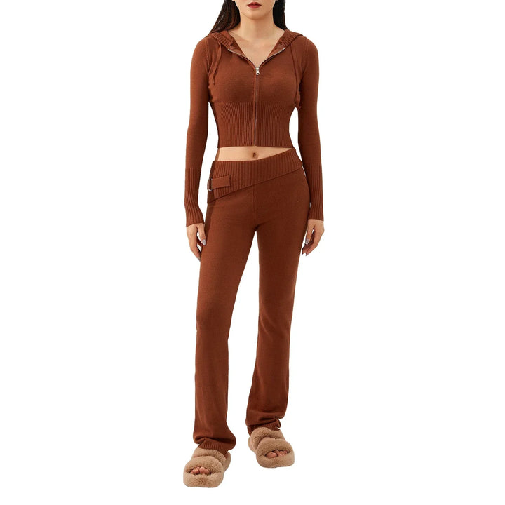 Levoire | Ensemble De Salon Capuche Fermeture Éclair Ensemble Deux Pièces Loungewear Pour Femmes Braun