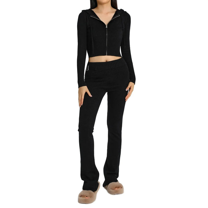 Levoire | Ensemble De Salon Capuche Fermeture Éclair Ensemble Deux Pièces Loungewear Pour Femmes Noir
