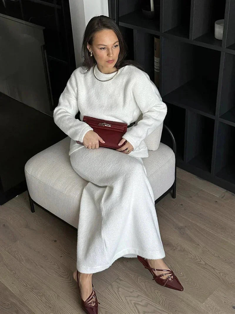 Levoire | Jupe Et Top Chaud Manches Longues Ensemble Femme Set Blanc