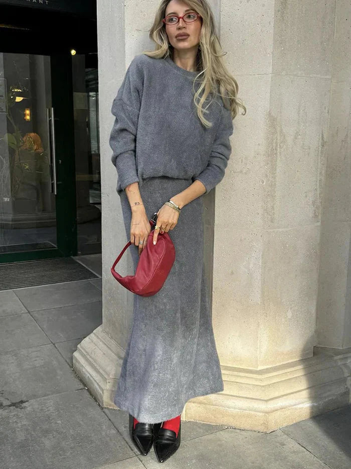 Levoire | Jupe Et Top Chaud Manches Longues Ensemble Femme Set Gris