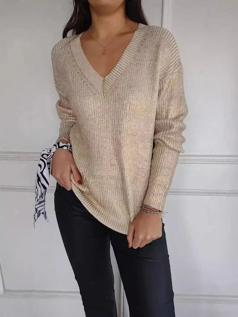 Levoire | Pull Femme Avec Manches Longues Brillantes Et Col En V Beige