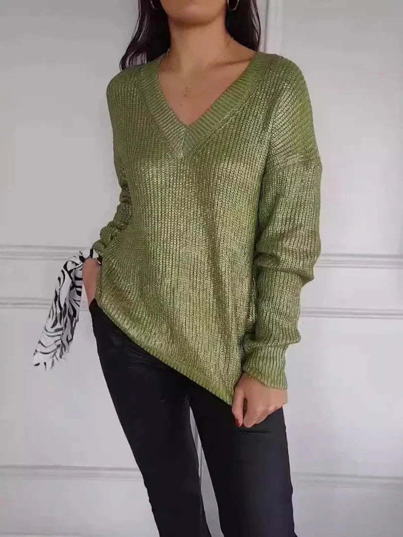 Levoire | Pull Femme Avec Manches Longues Brillantes Et Col En V Vert