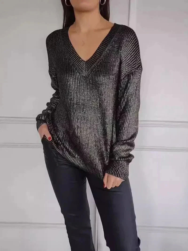 Levoire | Pull Femme Avec Manches Longues Brillantes Et Col En V Noir