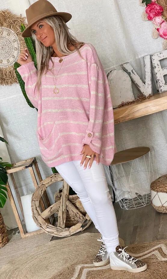 Levoire | Pull Rayé Modèle Ample Grand Pull Vêtements Femme Blanc-Rose
