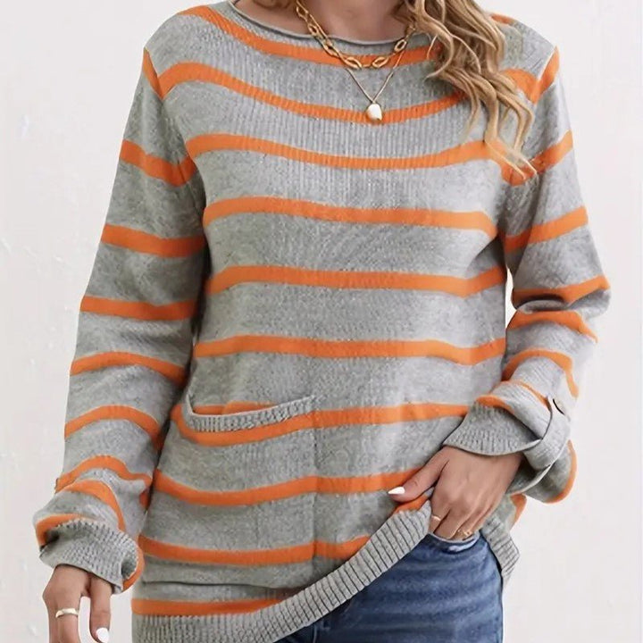 Levoire | Pull Rayé Modèle Ample Grand Pull Vêtements Femme Orange-Gris