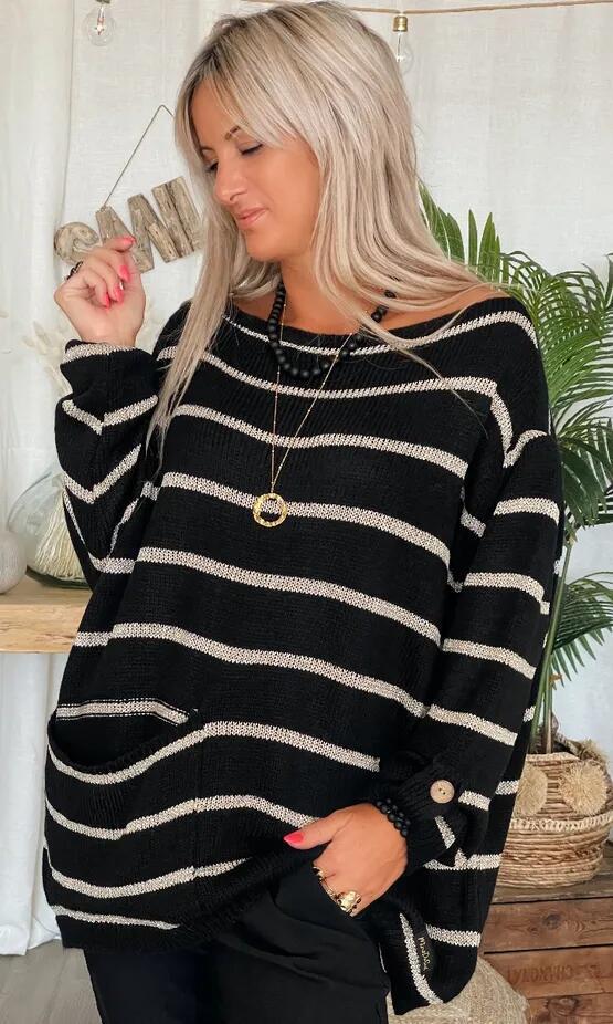 Levoire | Pull Rayé Modèle Ample Grand Pull Vêtements Femme Blanc-Noir