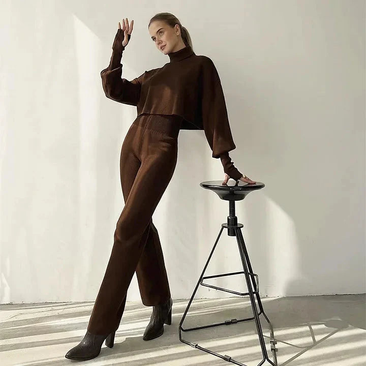 Levoire | Ensemble Deux Pièces Femme Col Roulé Pantalon Taille Haute Jambe Ample Co Ord Set Braun