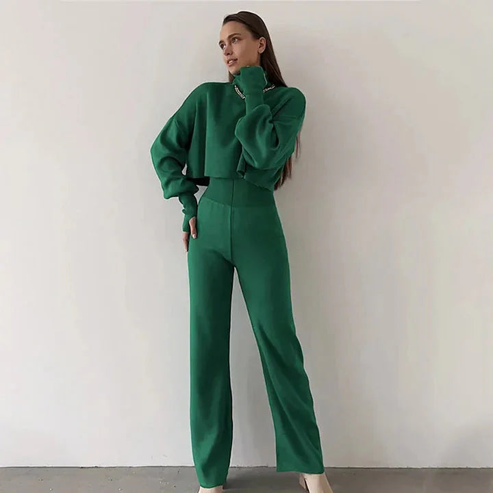 Levoire | Ensemble Deux Pièces Femme Col Roulé Pantalon Taille Haute Jambe Ample Co Ord Set Vert