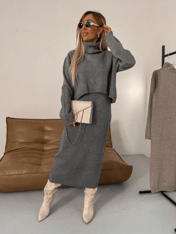 Levoire | Ensemble À Manches Longues Col Roulé Deux Pièces Jupe Et Top Vêtements Pour Femmes Gris