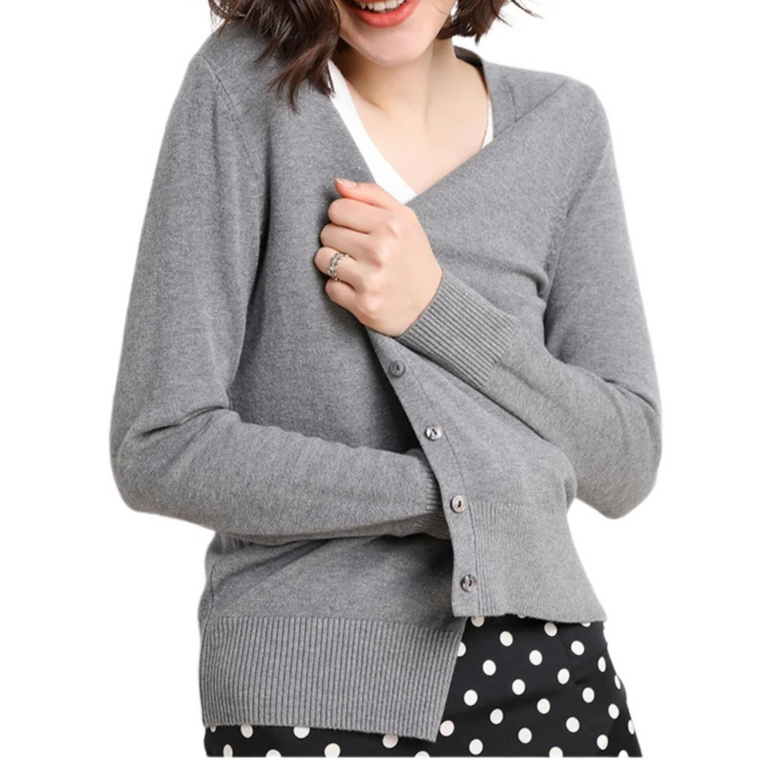 Levoire | Cardigan Avec Encolure V Simple Unicolore Manches Longues Gris