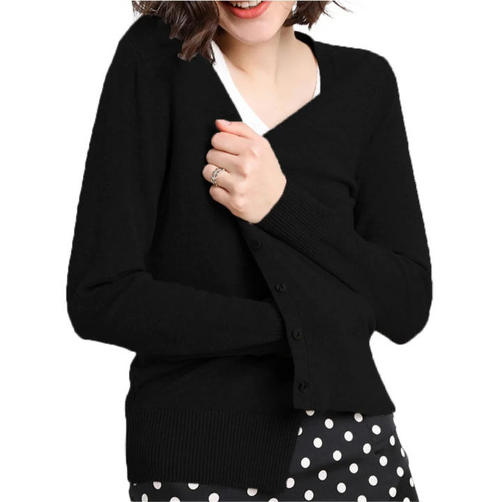 Levoire | Cardigan Avec Encolure V Simple Unicolore Manches Longues Noir
