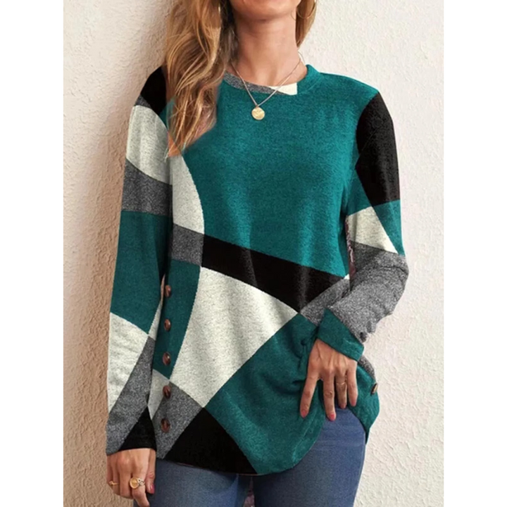Levoire | Imprimé Géométrique Bleu Avec Bouton Chemise Femme À Manches Longues Vert