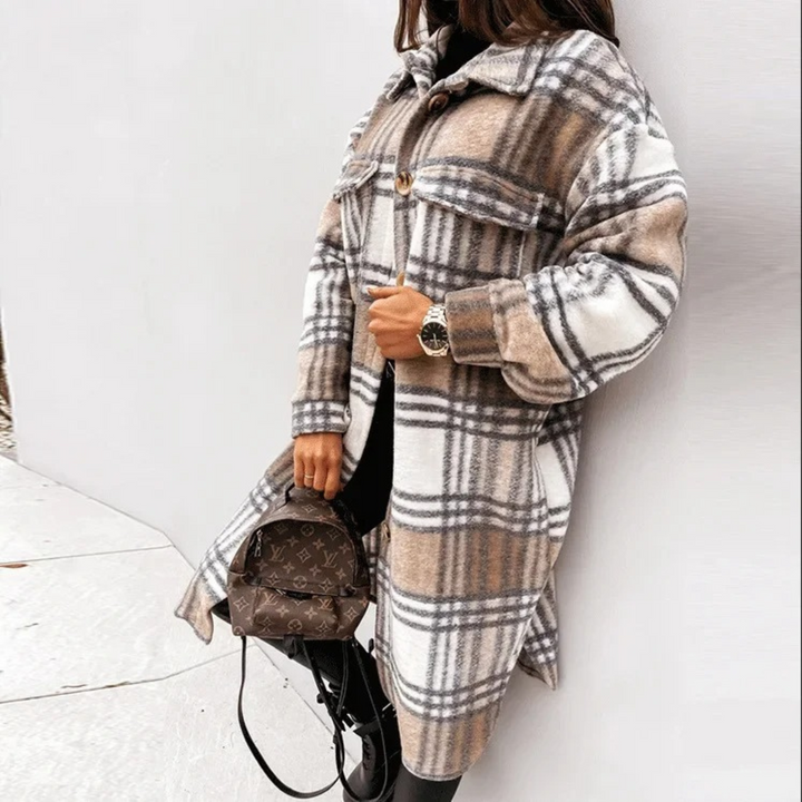 Levoire | Manteau Pour Femmes Avec Col À Revers À Carreaux Brun-blanc