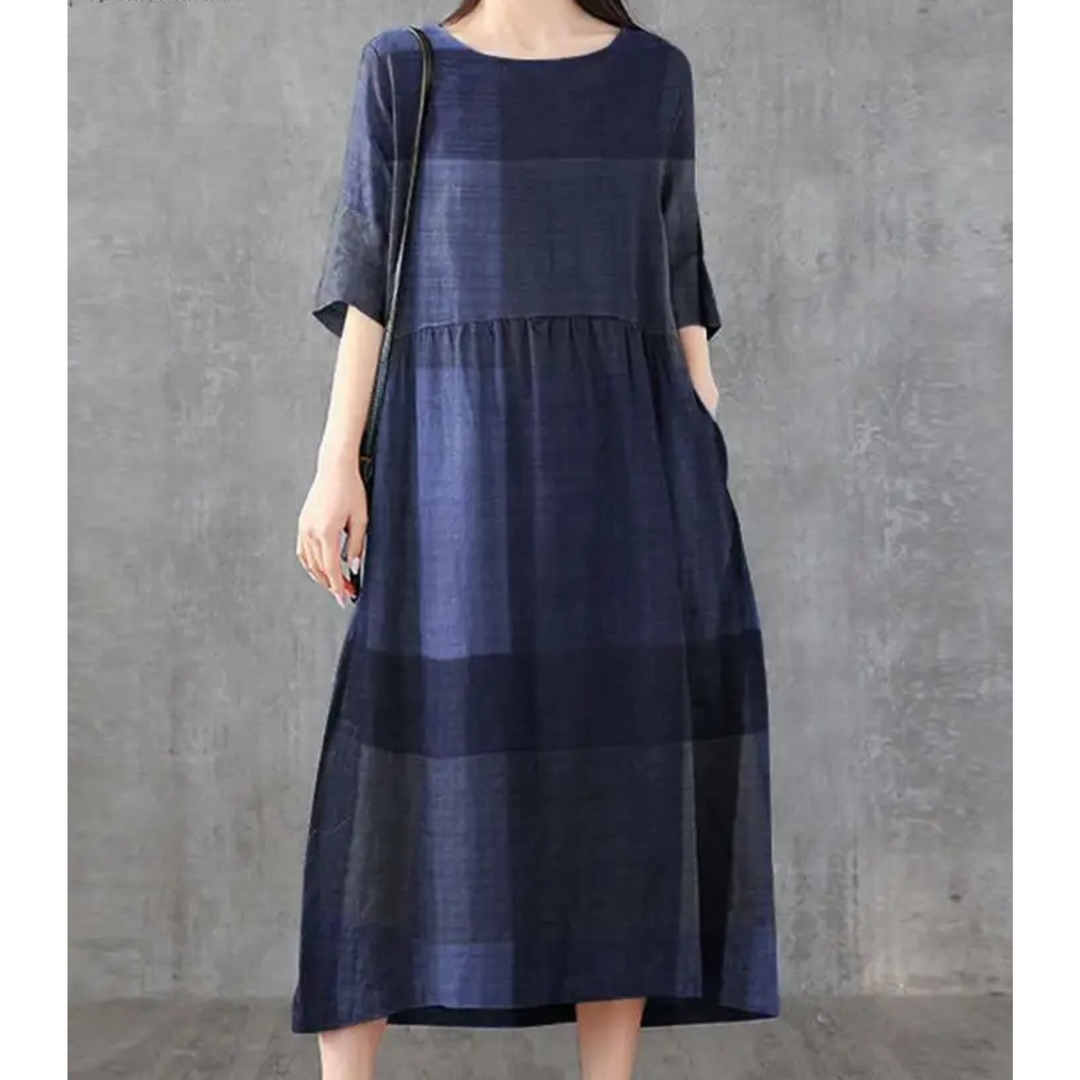 Levoire | Robe En Lin À Carreaux Avec Col Rond Et Polaire Bleu