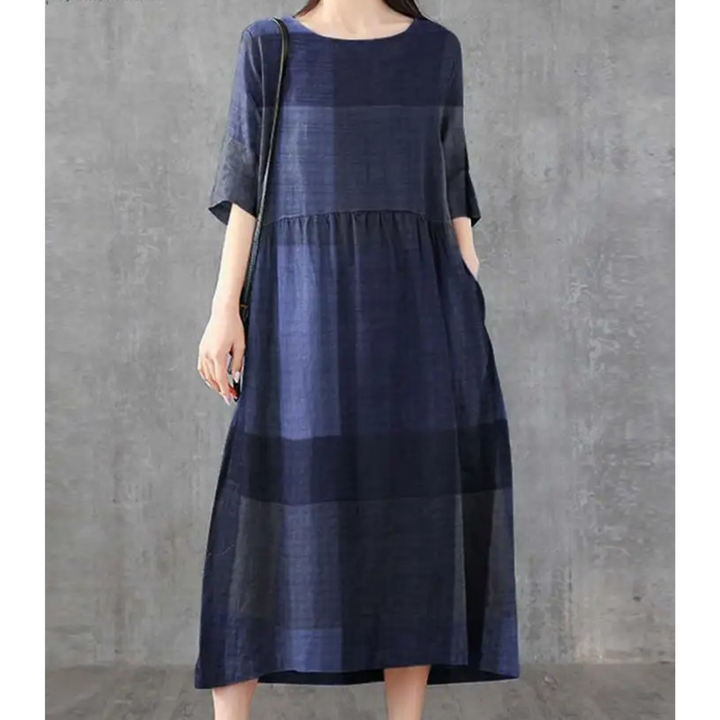 Levoire | Robe En Lin À Carreaux Avec Col Rond Et Polaire Bleu