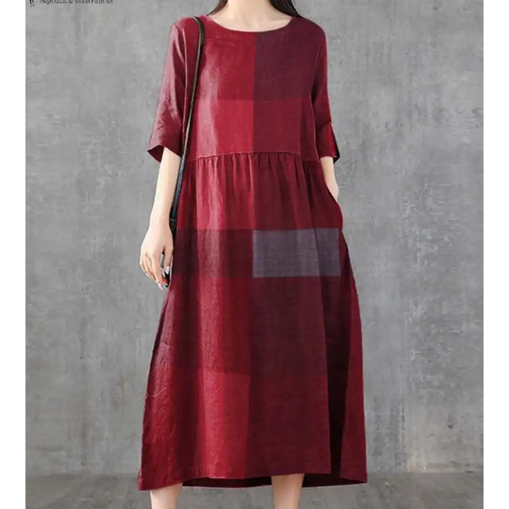 Levoire | Robe En Lin À Carreaux Avec Col Rond Et Polaire Rot