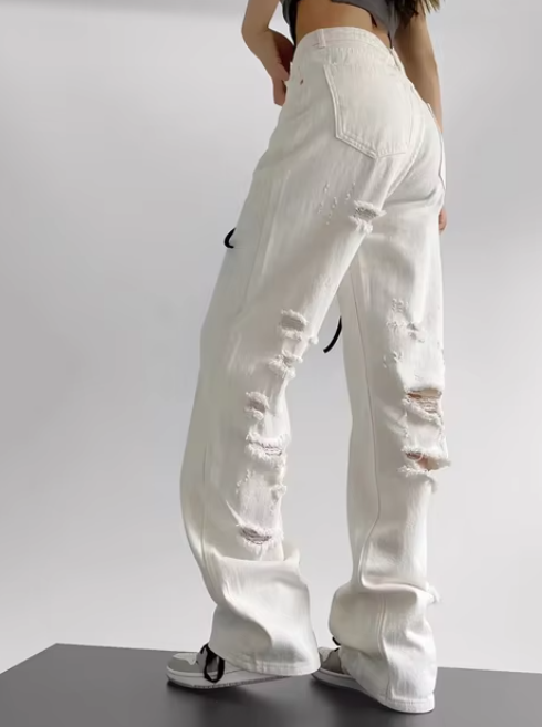 Levoire | Coupe Décontractée Jeans Droits Taille Haute Femmes Blanc