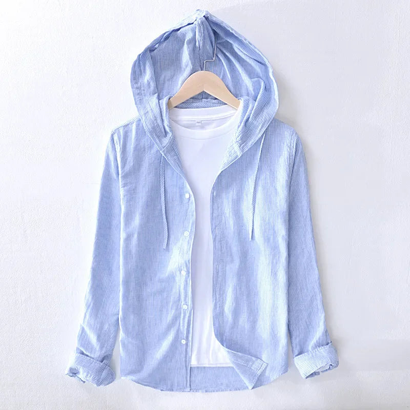 Levoire | Chemise En Lin Decontractee Avec Capuche Hommes Bleu
