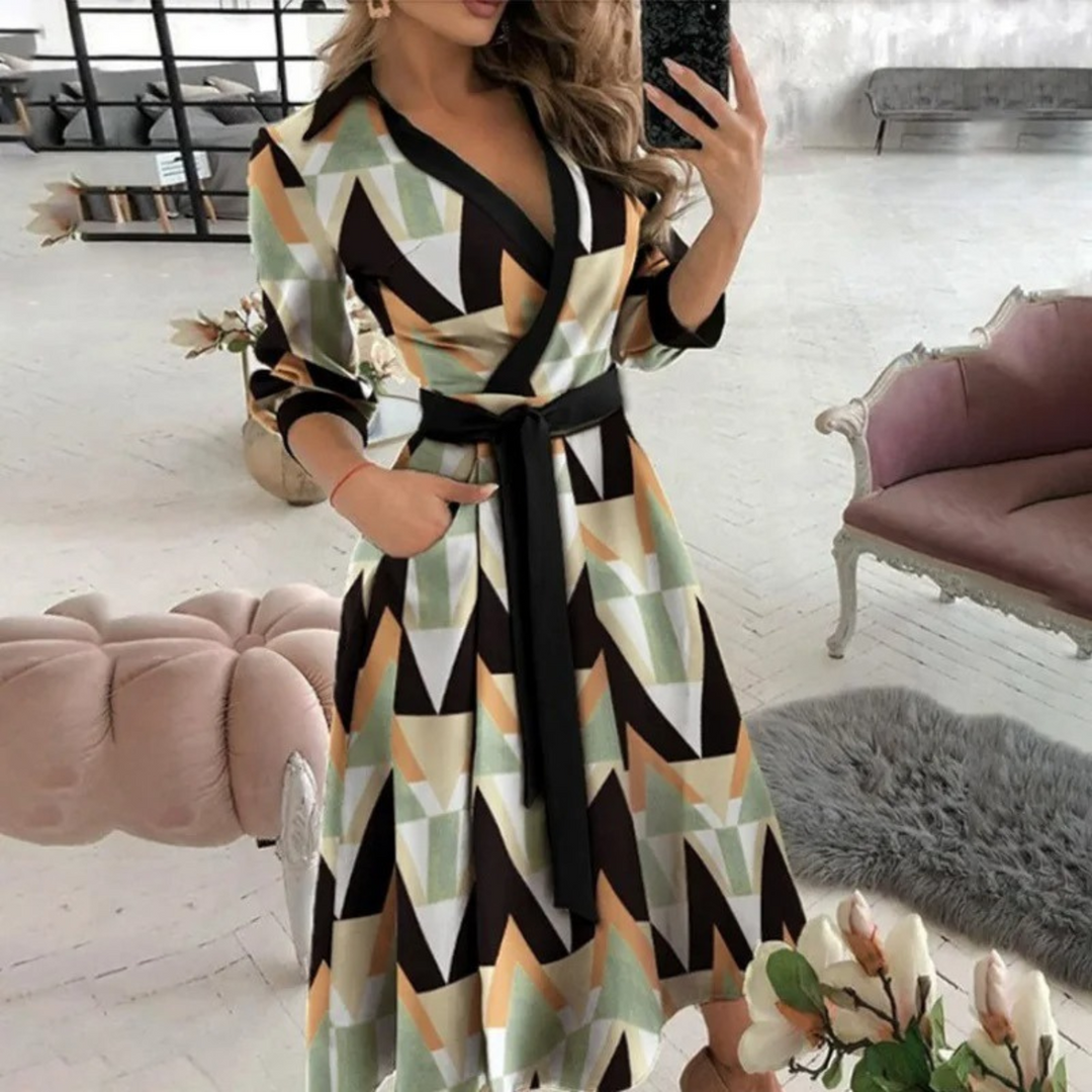 Levoire | Élégante Robe Midi À Enrouler Avec Ceinture Pour Femmes Noir-Vert