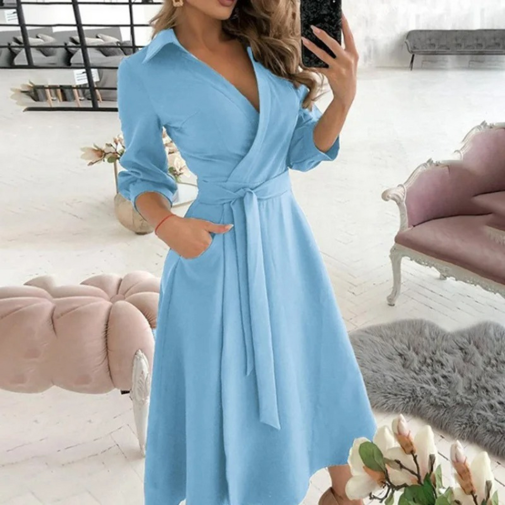 Levoire | Élégante Robe Midi À Enrouler Avec Ceinture Pour Femmes Bleu clair