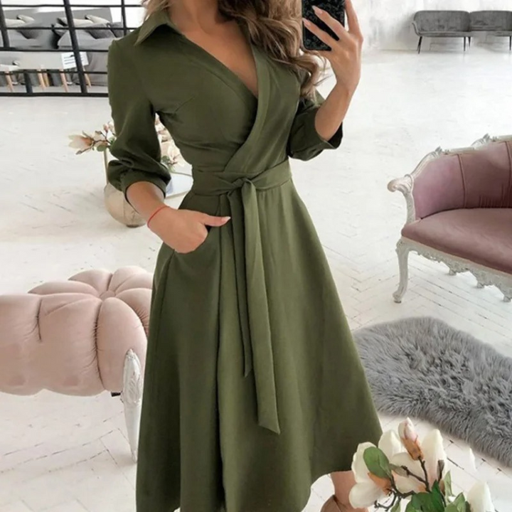 Levoire | Élégante Robe Midi À Enrouler Avec Ceinture Pour Femmes Vert