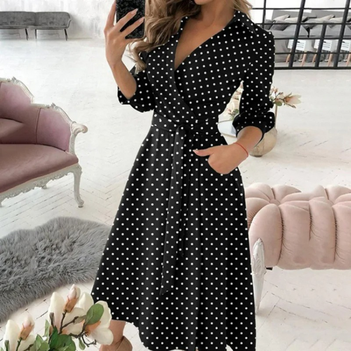 Levoire | Élégante Robe Midi À Enrouler Avec Ceinture Pour Femmes Noir et blanc