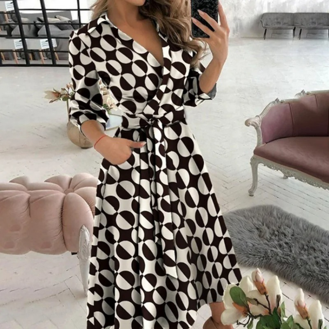Levoire | Élégante Robe Midi À Enrouler Avec Ceinture Pour Femmes Braun-Noir